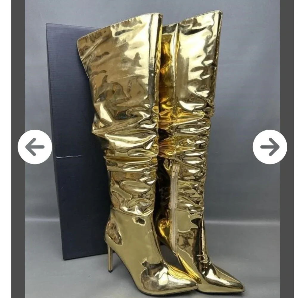 INC Iyonna Gold Metallic Slouch Stiletto Gilded Over The Knee Boots Women 6.5M